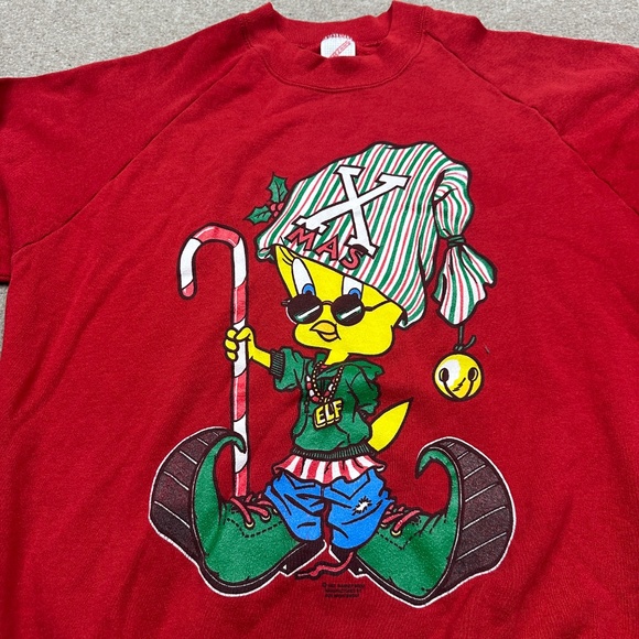 Vintage Looney Tunes Sweater Mens Size XL Red Long Sleeve Tweety Hip Hip - Picture 3 of 10